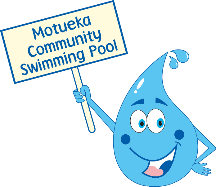 A logo for Motueka Swimming Pool featuring a water drop mascot character.